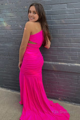 Pink One Shoulder Mermaid Long Prom Dress