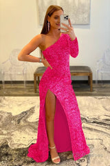 Pink One Shoulder Sequined Prom Dress