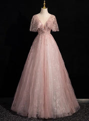 Pink Tulle Sequins See Through V-neck Prom Dress