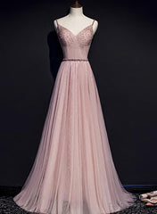 Pink V-neckline Beaded Tulle Prom Dress , Party Gown