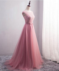 Pink Tulle Long A Line Prom Dress, Pink Evening Dress