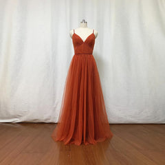 Burnt Orange Tulle Bridesmaid Dress, 2025 Spaghetti Straps Boho