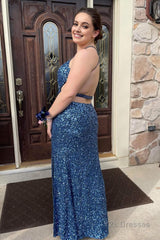 Plus Size Mermaid Grey Blue Halter Sequins Long Prom Dress