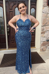 Plus Size Mermaid Grey Blue Halter Sequins Long Prom Dress