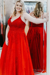 Plus Size Red Tulle Long Prom Dress with Appliques