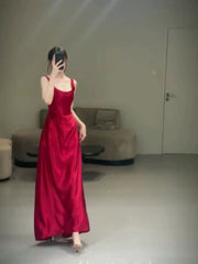 Pretty A line Straps Red Satin Long Floor Length Prom Dresses