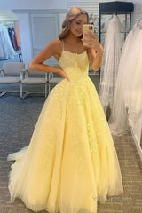 Princess Yellow Spaghetti Straps Prom Dress