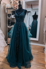 Teal Blue Tulle V-Neckline Long Party Dress With Lace, Teal Blue Long Prom Dress