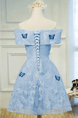 Sky Blue Off Shoulder Lace Short Lace With Butterfly Appliques A Line Off The Shoulder Dc51 Prom Dresses