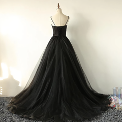 Ball Gown Spaghetti Straps Black Tulle Prom Dress, Long Brush Sweep Train Prom Dress