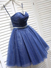 Sparkly A-Line Sweetheart Open Back Navy Sequins Short Short Homecoming Dresses