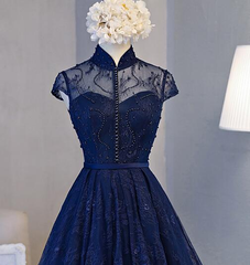 Beautiful Navy Blue Knee Length Lace Party Dress, Homecoming Dress