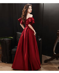 Dark Red Satin Style Off Shoulder Long Prom Dress, A-line Long Formal Dress