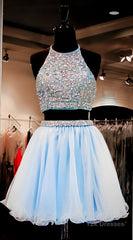 Two Pieces Light Blue Short High Neck Open Back Rhinestones Mid Section Sky Blue Prom Dresses