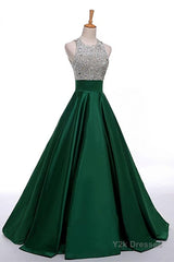 Satin Green Modest Beading Long For Teens Prom Dresses