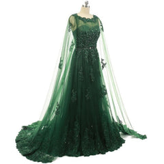 Elegant Women Beaded Lace With Long Appliques Tulle Cape Emerald Green Evening Dresses