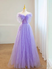 Purple A-line Sweetheart Tulle Long Formal Dress, Beaded Purple Prom Dress