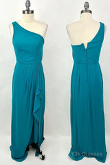 One Shoulder Turquoise Ruffles Chiffon Long Bridesmaid Dress