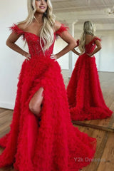 Red A Line Sweetheart Tiered Tulle Long Prom Dress With Slit