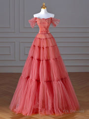 Red Aline Tulle Long Prom Dresses, Red Tulle Formal Graduation Dresses With Beading Sequin