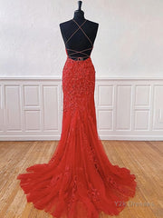 Red Backless Lace Prom Dresses, Red Open Back Lace Formal Evening Dresses