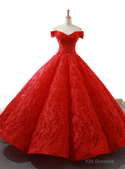 Red Ball Gown Tulle Lace Appliques Off the Shoulder Prom Dress