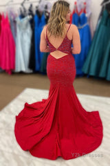 Red Spaghetti Straps Mermaid Beading Prom Dress