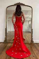 Red Strapless Mermaid Long Prom Dress with Stars