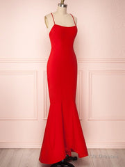 Red Thin Straps Mermaid Backless Long Prom Dresses, Red Mermaid Formal Dresses, Red Evening Dresses