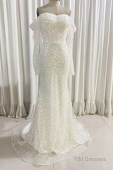 Ivory Mermaid Sequined Prom Dress with Long Sleeves, Sparkly Long Party Dresses