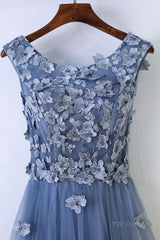 Round Neck Blue Lace Floral Long Prom Dresses, Blue Lace Long Formal Evening Dresses