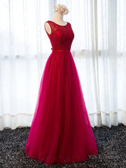 Round Neck Burgundy Beaded Prom Dresses, Wine Red Beaded Formal Evening Bridesmaid Dresses