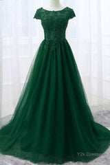 Round Neck Cap Sleeves Lace Long Prom Dresses,Tulle Lace Formal Evening Dresses