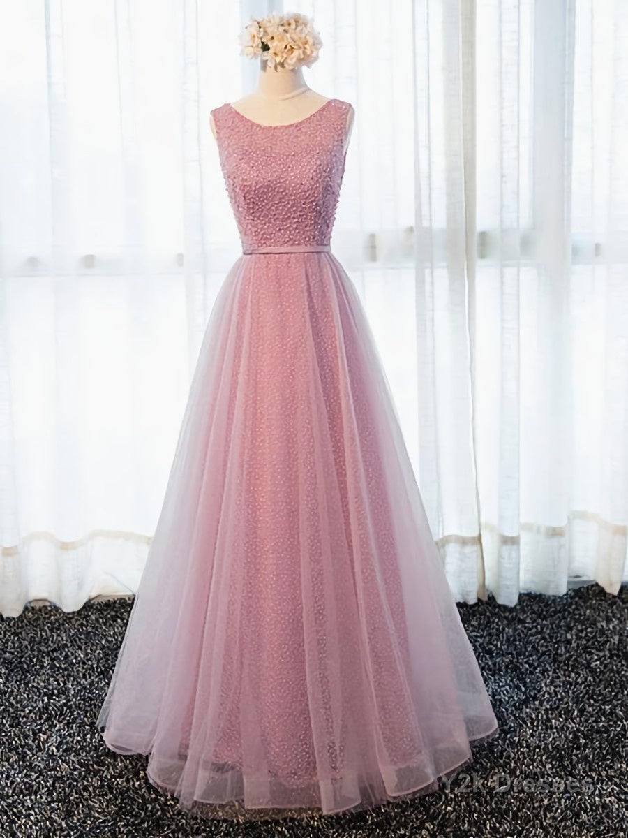 Round Neck Pink Beaded Long Prom Dresses, Pink Long Formal Evening Dresses