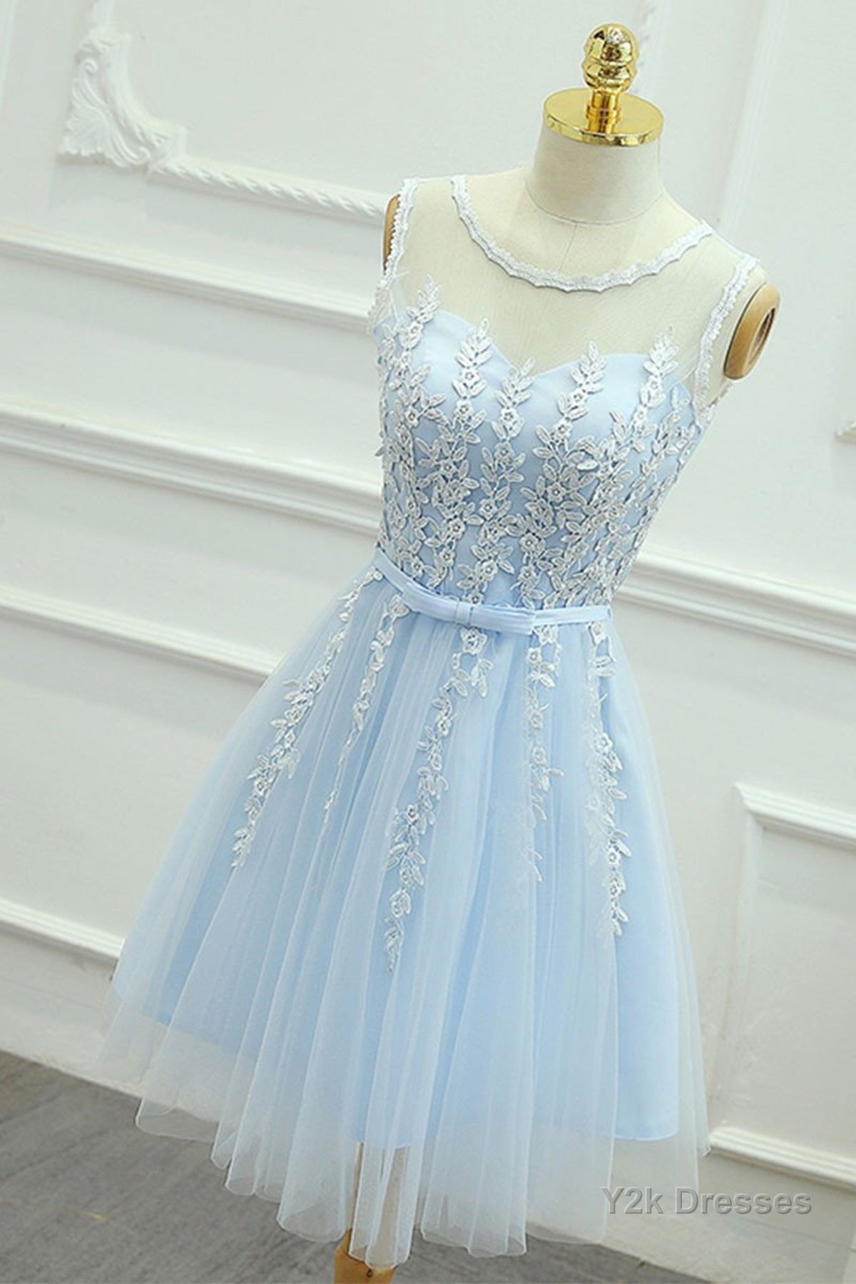 Round Neck Short Blue Lace Prom Dresses, Short Blue Lace Homecoming Graduation Dresses