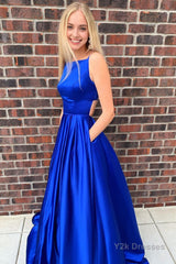 Royal Blue Spaghetti Straps Long Prom Dress with Pockets