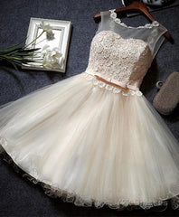 Cute Champagne A Line Lace Short Prom Dress, Homecoming Dress