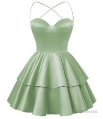 Sage Green Satin Homecoming Dress Sweetheart Neck Tiered Short Graduation Dresses