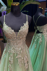 Straps Sage Green Lace Appliques Tulle Long Prom Dress