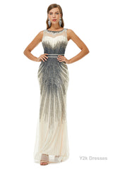 Sequin Bead Sleeveless High Neck Mermaid Prom Dresses