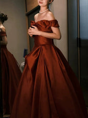 Sexy Ball Gown Off The Shoulder Satin Rust Red Floor Length Evening Dress Prom Dresses