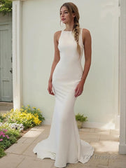 Sheath/Column Bateau Sweep Train Stretch Crepe Wedding Dresses