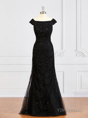 Sheath/Column Off-the-Shoulder Floor-Length Tulle Mother of the Bride Dresses With Beading