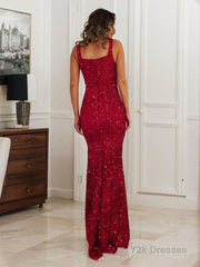 Sheath/Column Straps Floor-Length Velvet Sequins Prom Dresses With Leg Slit