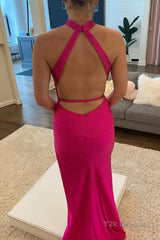 Sheath Halter Hot Pink Beading Long Prom Dress with Open Back