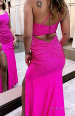 Sheath One Shoulder Fuchsia Long Prom Dress with Beading Party Dresses