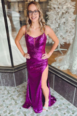 Sheath Spaghetti Straps Purple Sequins Long Prom Dress with Split Front