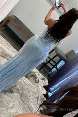 Sheath Sweetheart Light Blue Sequins Long Prom Dress with Feather