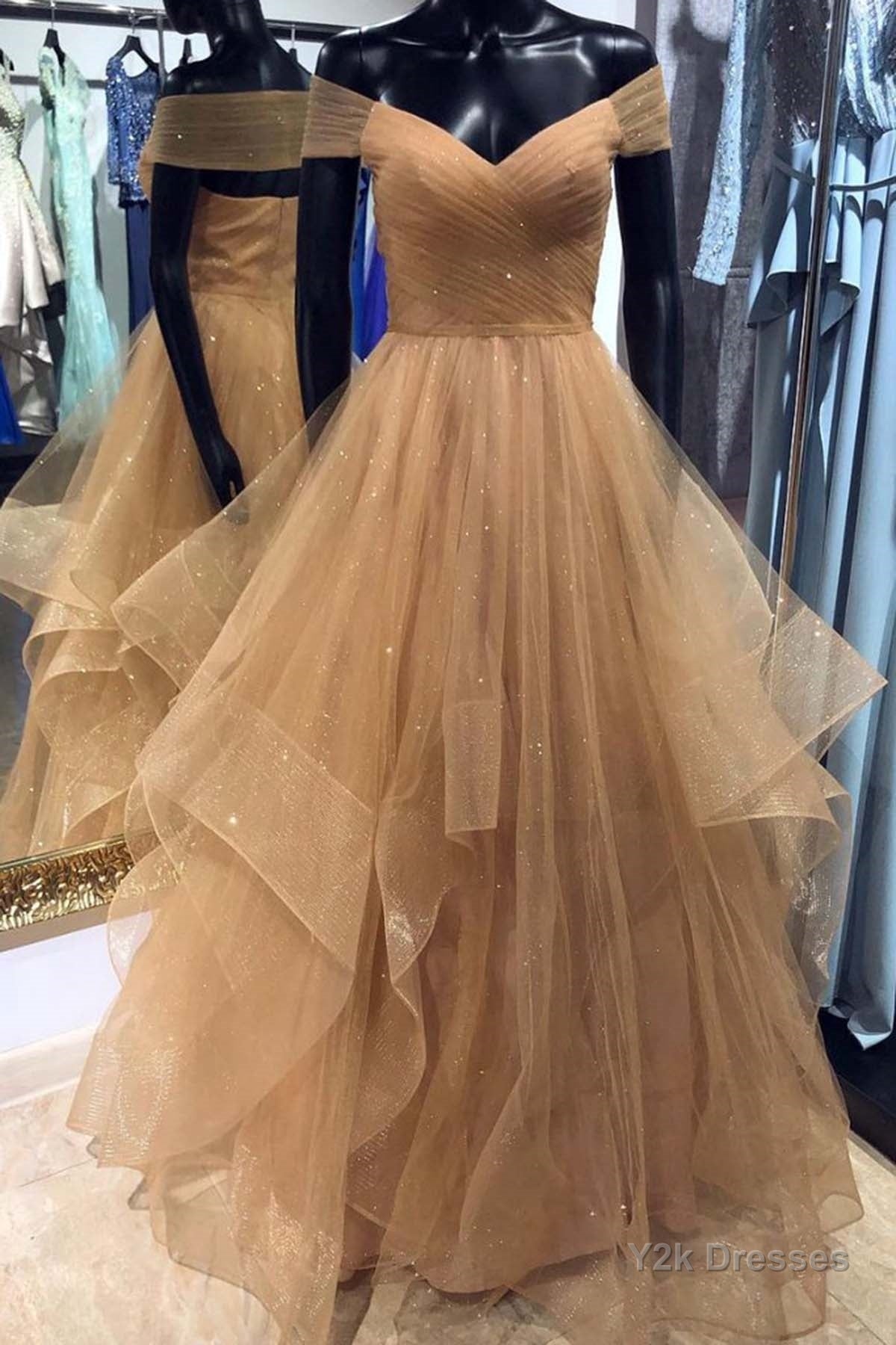 Shiny Off Shoulder Champagne Long Prom Dress, Off the Shoulder Champagne Formal Dress, Fluffy Champagne Evening Dress