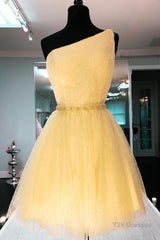 Shiny One Shoulder Yellow Short Prom Homecoming Dress with Belt, Short One Shoulder Yellow Formal Evening Dress